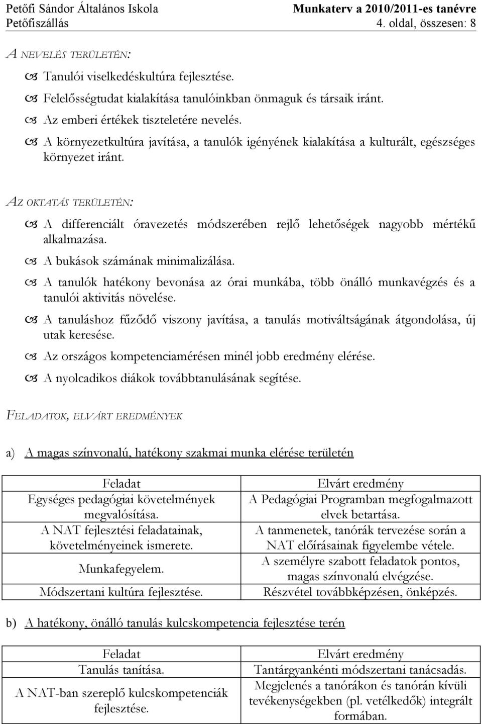 AZ OKTATÁS TERÜLETÉN: A differenciált óravezetés módszerében rejlő lehetőségek nagyobb mértékű alkalmazása. A bukások számának minimalizálása.