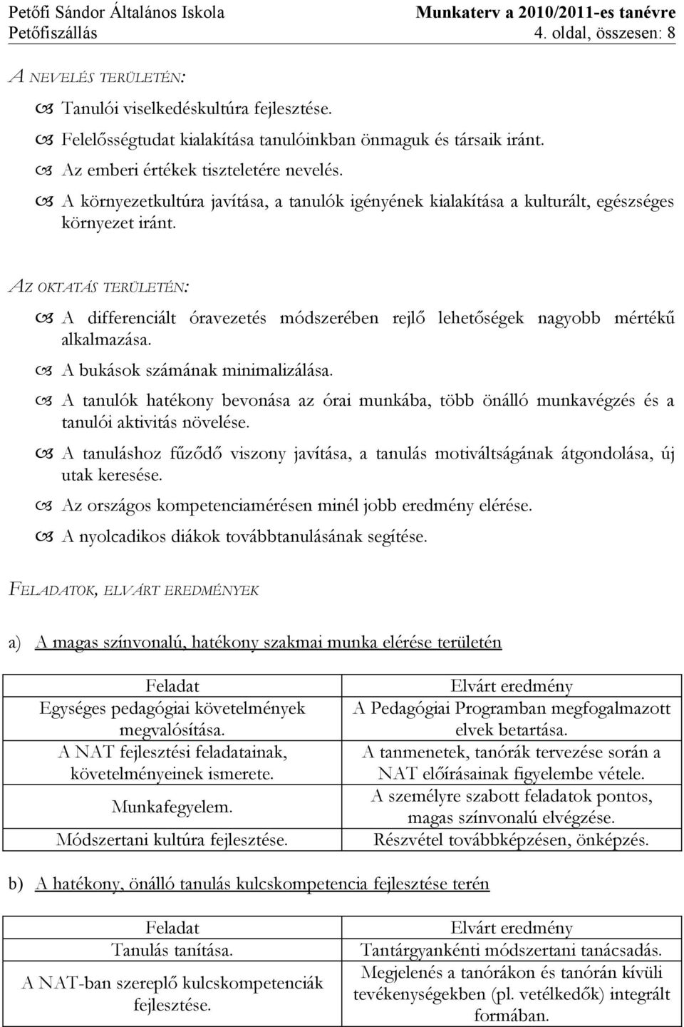 AZ OKTATÁS TERÜLETÉN: A differenciált óravezetés módszerében rejlő lehetőségek nagyobb mértékű alkalmazása. A bukások számának minimalizálása.