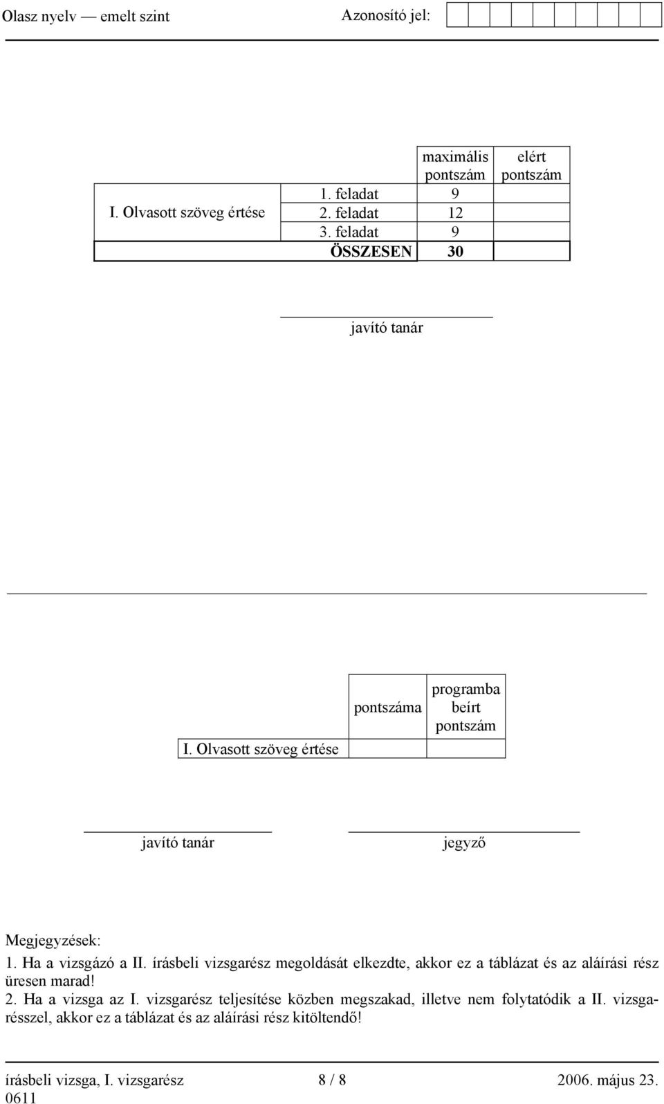 írásbeli vizsgarész megoldását elkezdte, akkor ez a táblázat és az aláírási rész üresen marad! 2. Ha a vizsga az I.