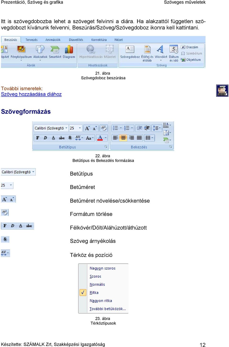 További ismeretek: Szöveg hozzáadása diához 21. ábra Szövegdoboz beszúrása Szövegformázás 22.