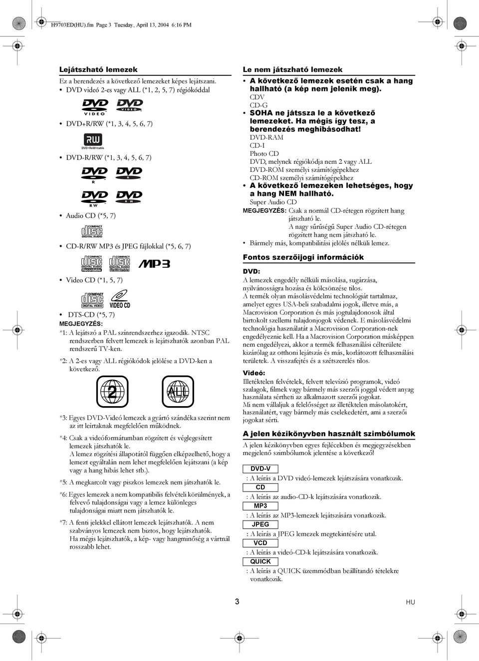 7) MEGJEGYZÉS: *1: A lejátszó a PAL színrendszerhez igazodik. NTSC rendszerben felvett lemezek is lejátszhatók azonban PAL rendszerű TV-ken.