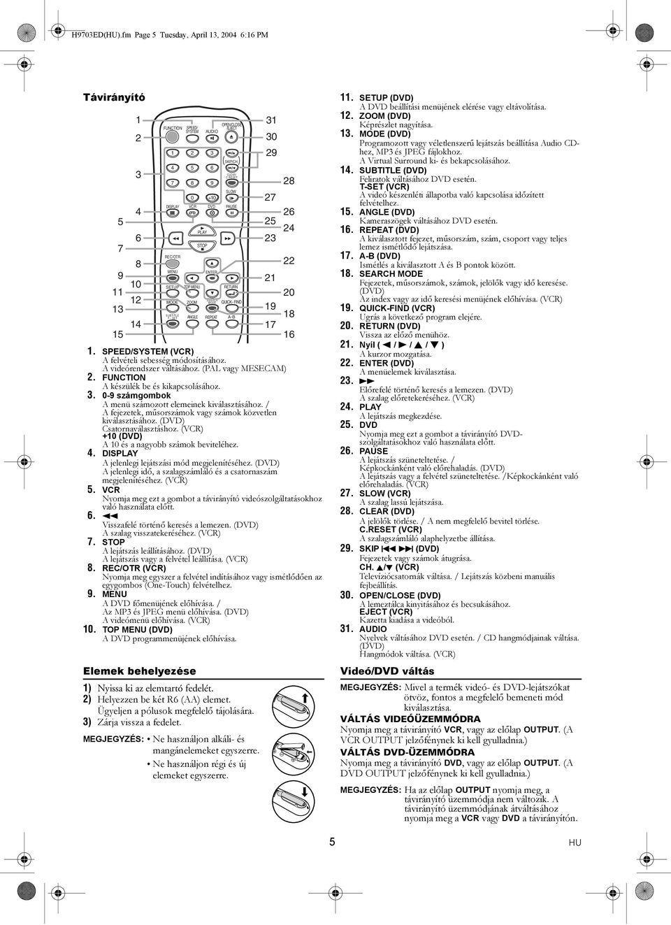 0-9 számgombok A menü számozott elemeinek kiválasztásához. / A fejezetek, műsorszámok vagy számok közvetlen kiválasztásához. (DVD) Csatornaválasztáshoz.