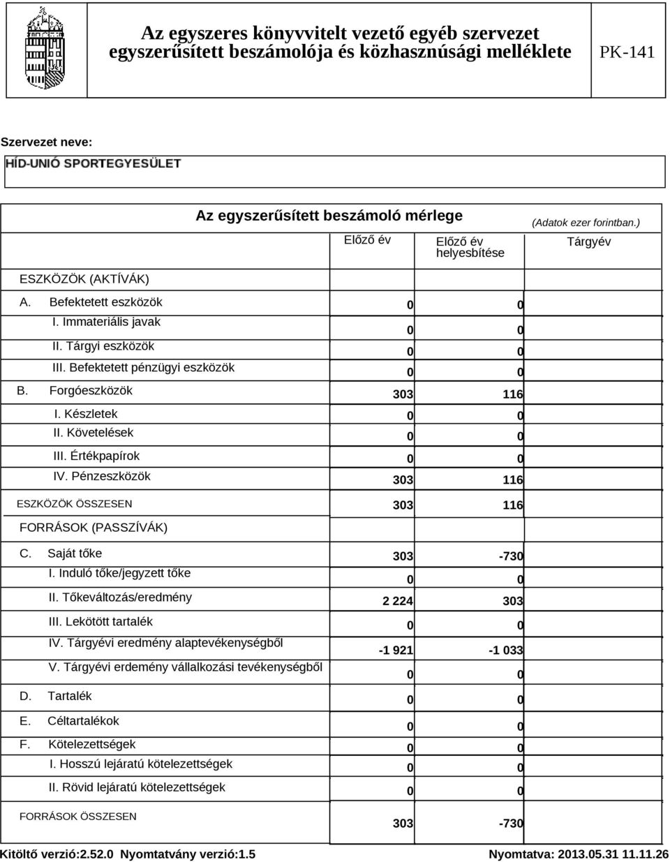 Induló tőke/jegyzett tőke II. Tőkeváltozás/eredmény III. Lekötött tartalék IV. Tárgyévi eredmény alaptevékenységből V. Tárgyévi erdemény vállalkozási tevékenységből D.