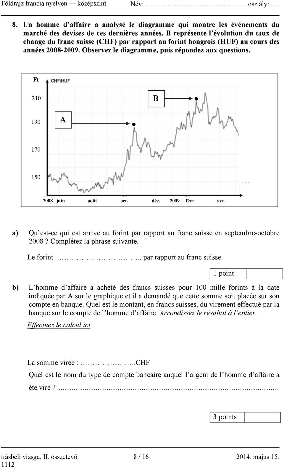 Ft 210 B 190 A 170 150 2009 2008 juin août oct. déc. 2009 févr. avr. a) Qu est-ce qui est arrivé au forint par rapport au franc suisse en septembre-octobre 2008? Complétez la phrase suivante.