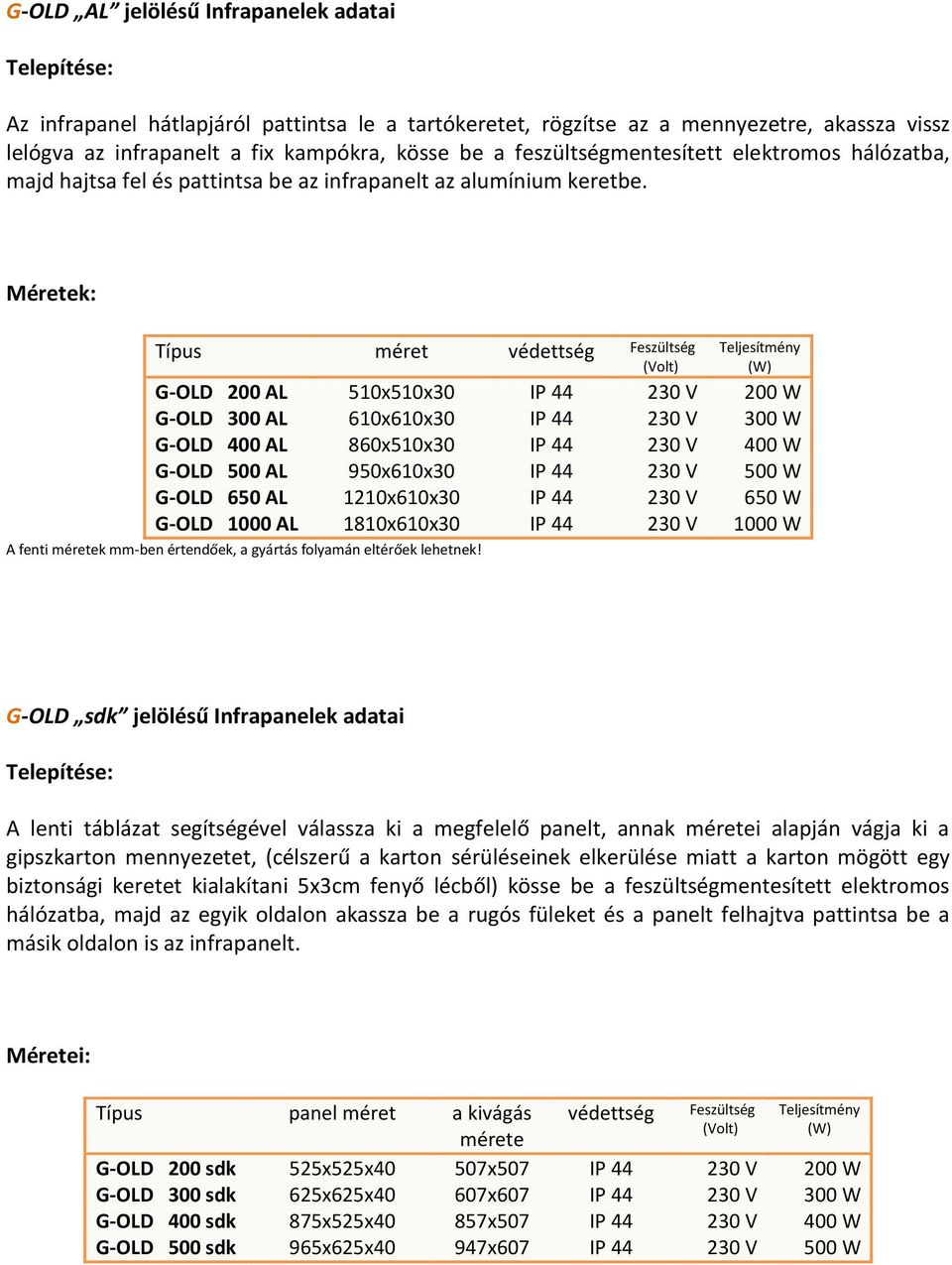 Méretek: Típus méret védettség Feszültség (Volt) Teljesítmény (W) G-OLD 200 AL 510x510x30 IP 44 230 V 200 W G-OLD 300 AL 610x610x30 IP 44 230 V 300 W G-OLD 400 AL 860x510x30 IP 44 230 V 400 W G-OLD