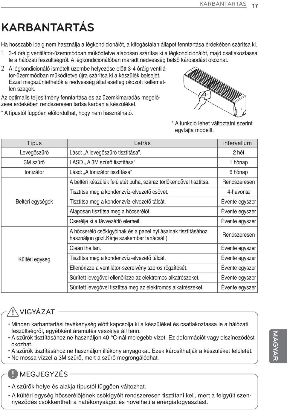 2 A légkondicionáló ismételt üzembe helyezése előtt 3-4 óráig ventilátor-üzemmódban működtetve újra szárítsa ki a készülék belsejét.