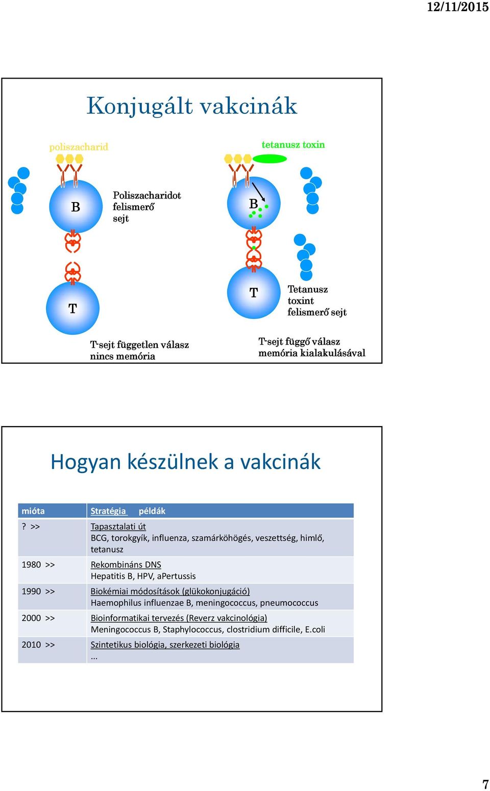 >> Tapasztalati út BCG, torokgyík, influenza, szamárköhögés, veszettség, himlő, tetanusz 1980 >> Rekombináns DNS Hepatitis B, HPV, apertussis 1990 >> Biokémiai