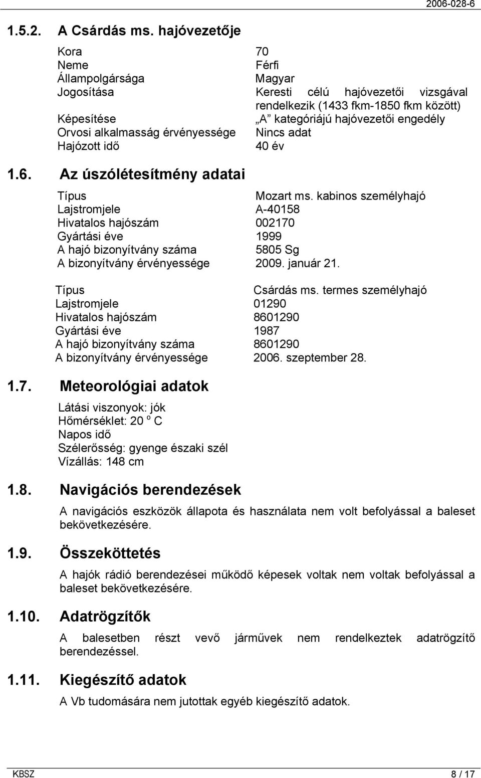 Orvosi alkalmasság érvényessége Nincs adat Hajózott idő 40 év 1.6. Az úszólétesítmény adatai Típus Mozart ms.