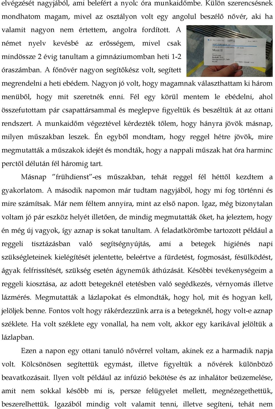 A német nyelv kevésbé az erısségem, mivel csak mindössze 2 évig tanultam a gimnáziumomban heti 1-2 óraszámban. A fınıvér nagyon segítıkész volt, segített megrendelni a heti ebédem.