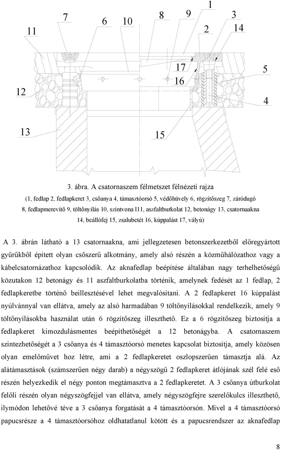 aszfaltburkolat 12, betonágy 13, csatornaakna 14, beállófej 15, zsalubetét 16, kúppalást 17, vályú) A 3.