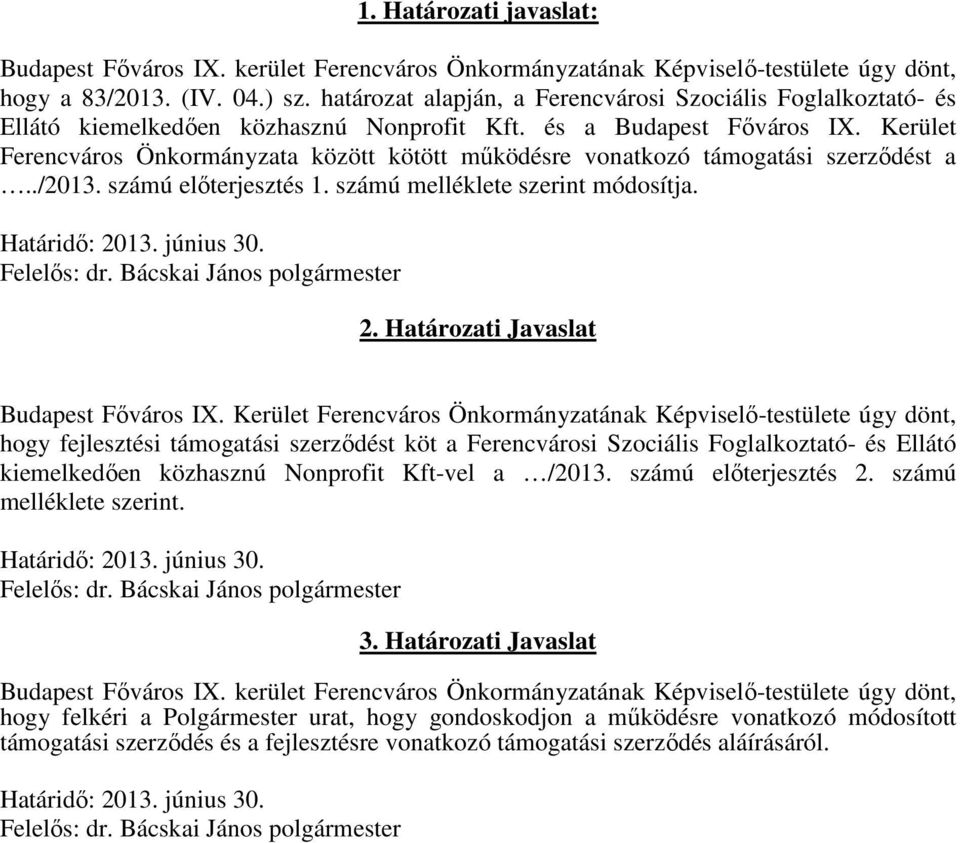 Kerület Ferencváros Önkormányzata között kötött működésre vonatkozó támogatási szerződést a../2013. számú előterjesztés 1. számú melléklete szerint módosítja. Határidő: 2013. június 30. Felelős: dr.