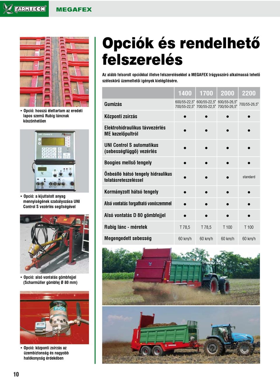 600/55-22,5" 600/55-26,5" 700/55-22,5" 700/50-26,5" 700/55-26,5" UNI Control S automatikus (sebességfüggő) vezérlés Boogies mellső tengely Önbeálló hátsó tengely hidraulikus tolatásreteszeléssel