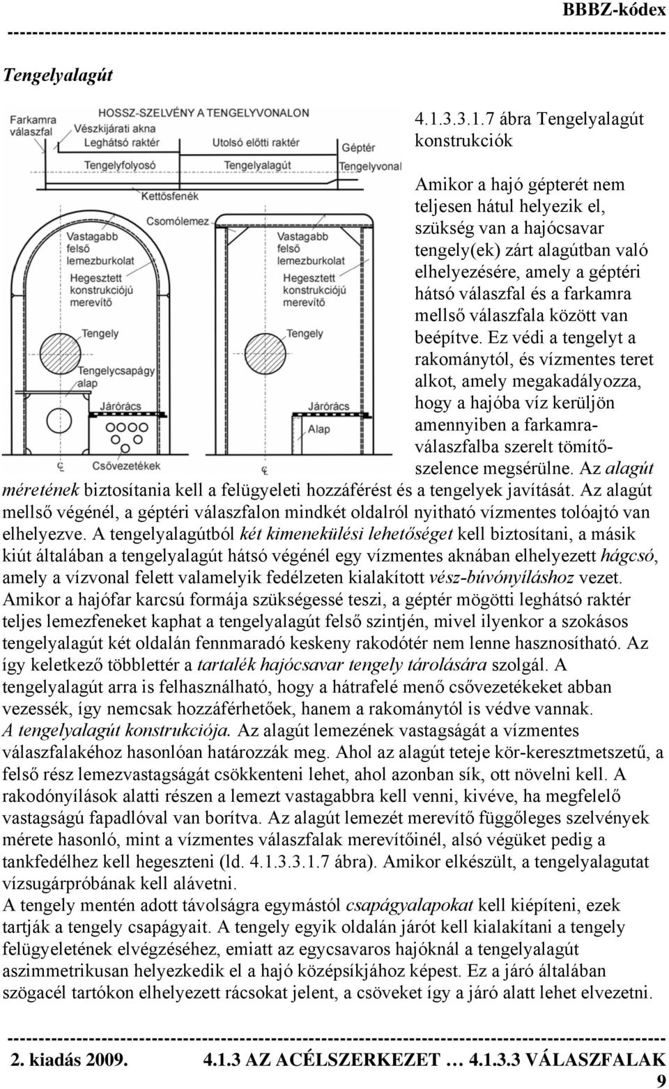 7 ábra Tengelyalagút konstrukciók Amikor a hajó gépterét nem teljesen hátul helyezik el, szükség van a hajócsavar tengely(ek) zárt alagútban való elhelyezésére, amely a géptéri hátsó válaszfal és a