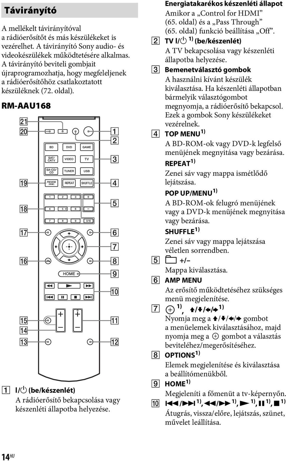 /1 (be/készenlét) A rádióerősítő bekapcsolása vagy készenléti állapotba helyezése. Energiatakarékos készenléti állapot Amikor a Control for HDMI (65. oldal) és a Pass Through (65.