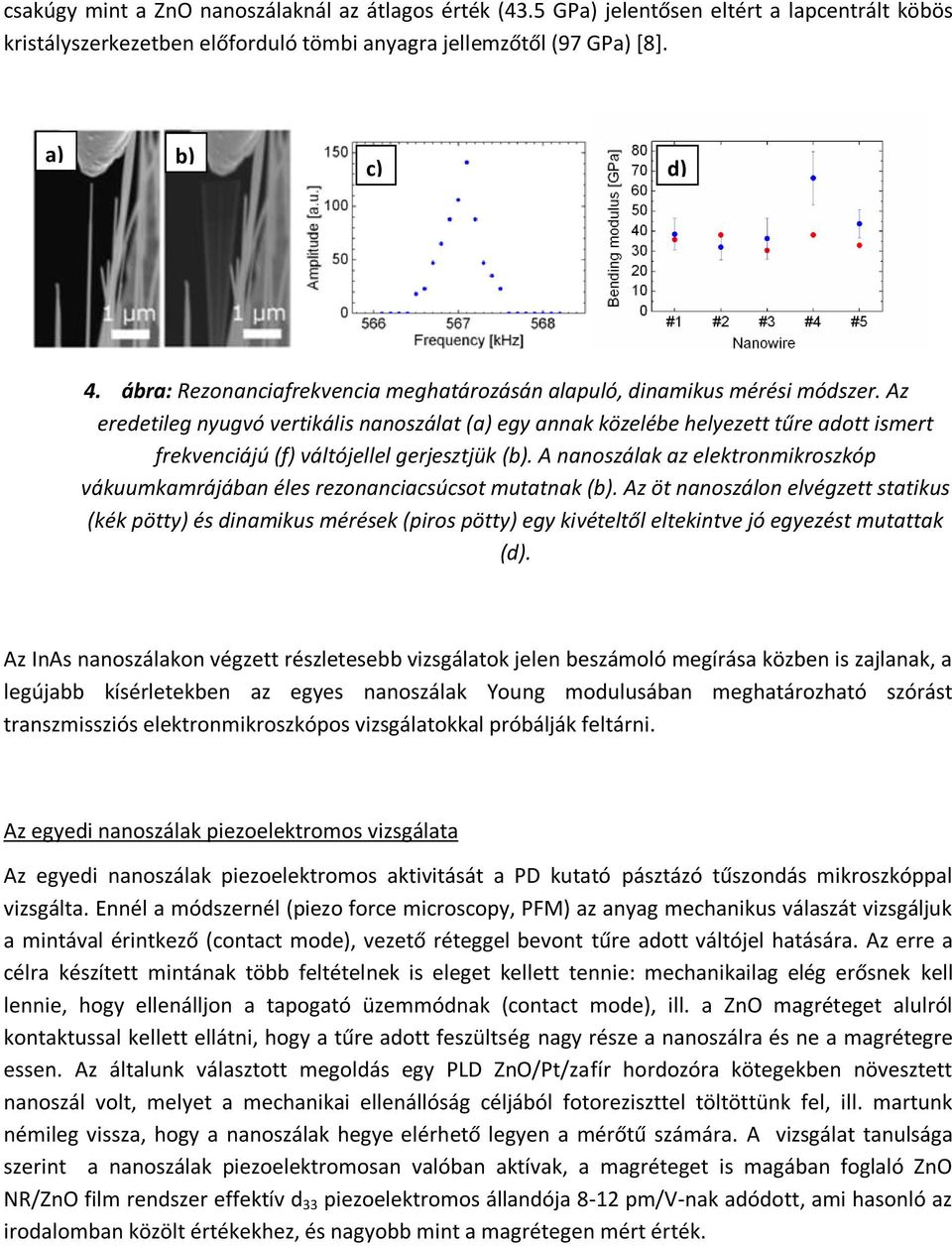 Az eredetileg nyugvó vertikális nanoszálat (a) egy annak közelébe helyezett tűre adott ismert frekvenciájú (f) váltójellel gerjesztjük (b).