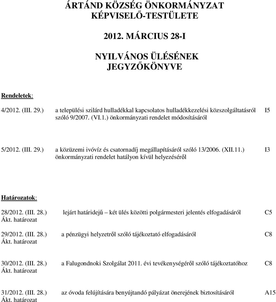 ) a közüzemi ivóvíz és csatornadíj megállapításáról szóló 13/2006. (XII.11.) önkormányzati rendelet hatályon kívül helyezéséről I3 Határozatok: 28/2012. (III. 28.) Ákt.