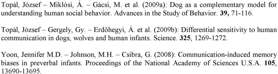 (2009b): Differential sensitivity to human communication in dogs, wolves and human infants. Science. 325, 1269-1272.