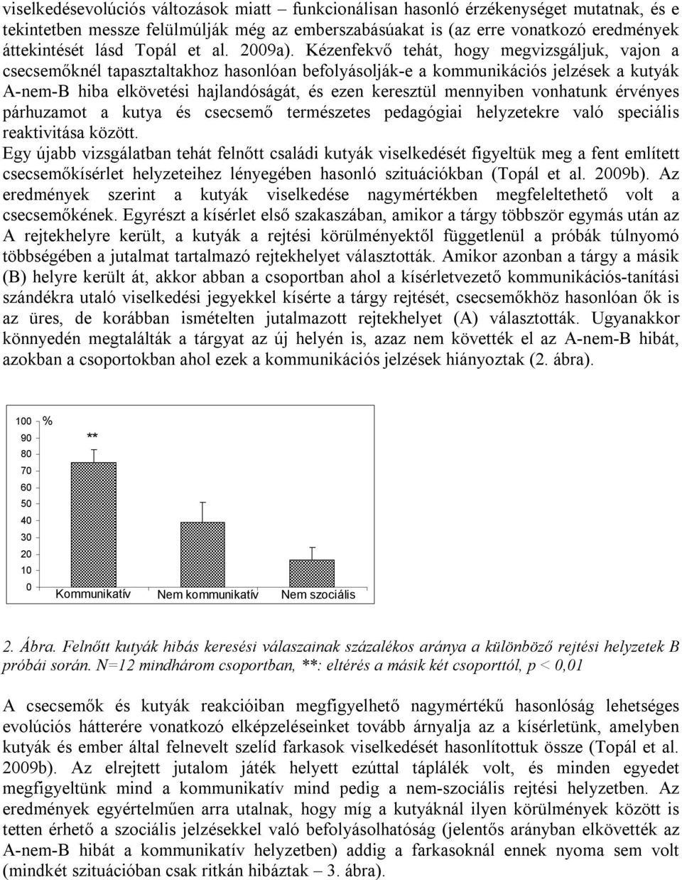 Kézenfekvő tehát, hogy megvizsgáljuk, vajon a csecsemőknél tapasztaltakhoz hasonlóan befolyásolják-e a kommunikációs jelzések a kutyák A-nem-B hiba elkövetési hajlandóságát, és ezen keresztül