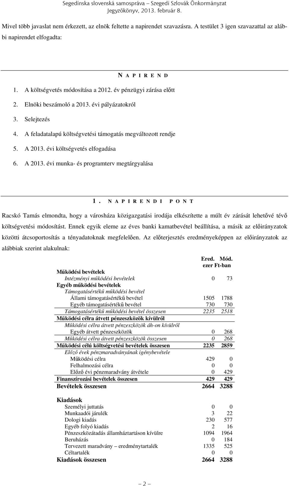 Selejtezés 4. A feladatalapú költségvetési támogatás megváltozott rendje 5. A 2013. évi költségvetés elfogadása 6. A 2013. évi munka- és programterv megtárgyalása 1.