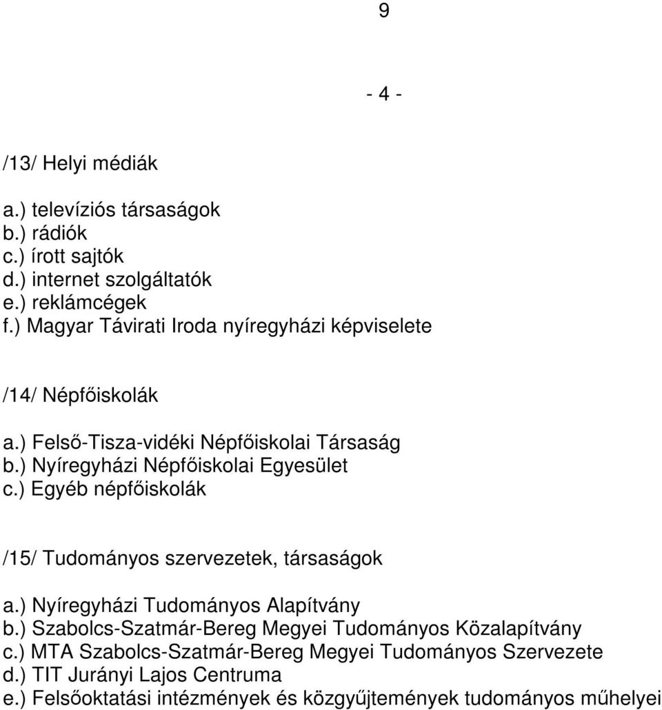 ) Nyíregyházi Népfőiskolai Egyesület c.) Egyéb népfőiskolák /15/ Tudományos szervezetek, társaságok a.) Nyíregyházi Tudományos Alapítvány b.