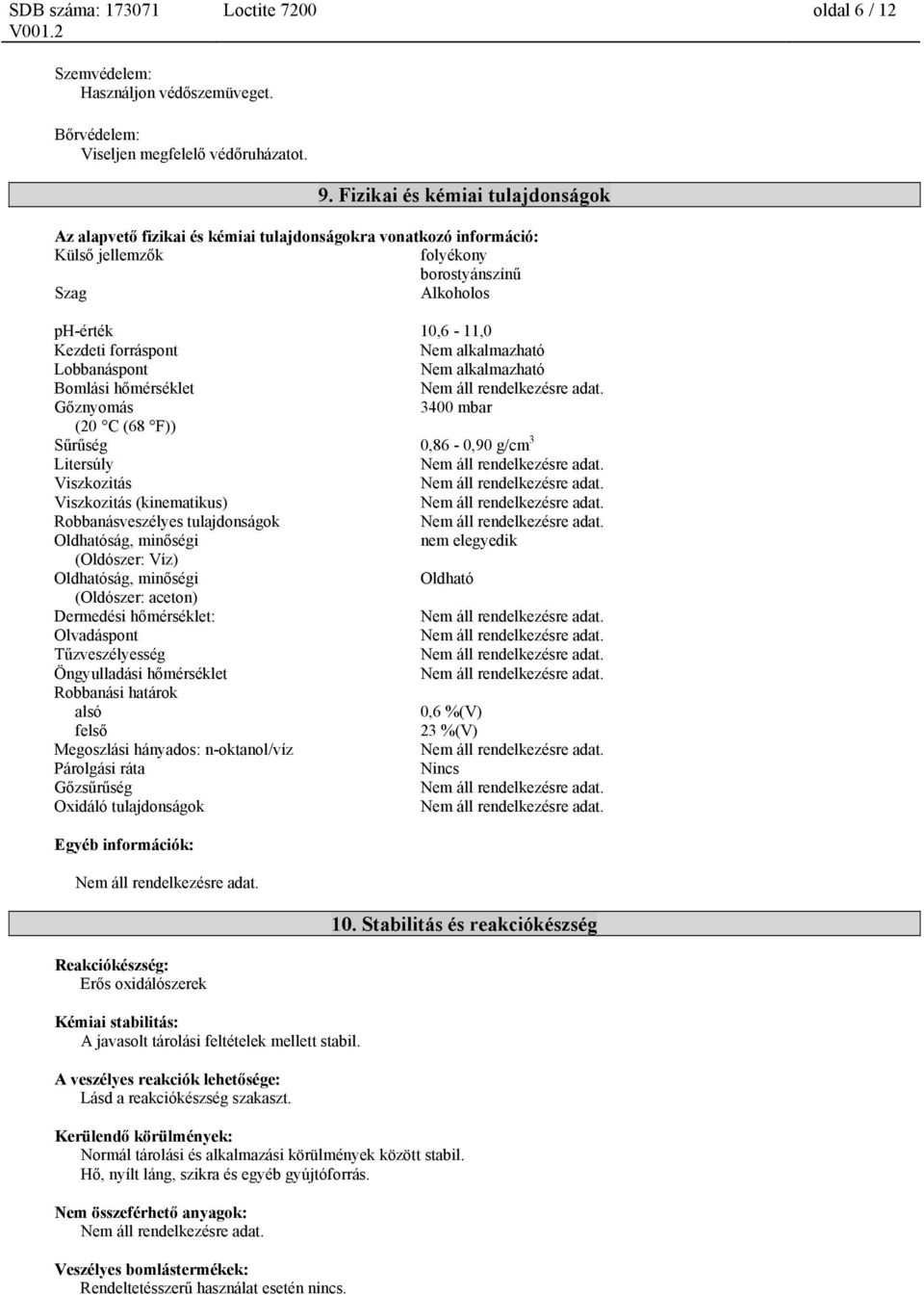 alkalmazható Lobbanáspont Nem alkalmazható Bomlási hőmérséklet Gőznyomás 3400 mbar (20 C (68 F)) Sűrűség 0,86-0,90 g/cm 3 Litersúly Viszkozitás Viszkozitás (kinematikus) Robbanásveszélyes