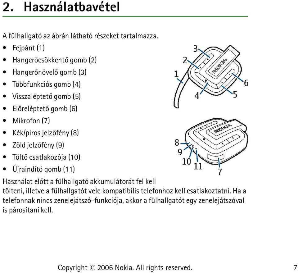 (7) Kék/piros jelzõfény (8) Zöld jelzõfény (9) Töltõ csatlakozója (10) Újraindító gomb (11) Használat elõtt a fülhallgató akkumulátorát