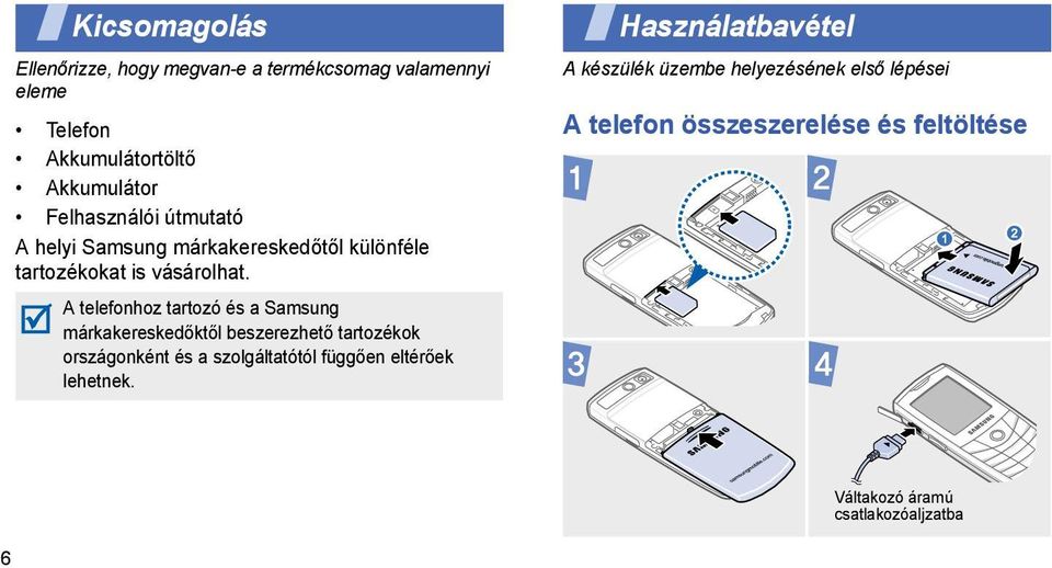 A telefonhoz tartozó és a Samsung márkakereskedőktől beszerezhető tartozékok országonként és a szolgáltatótól függően