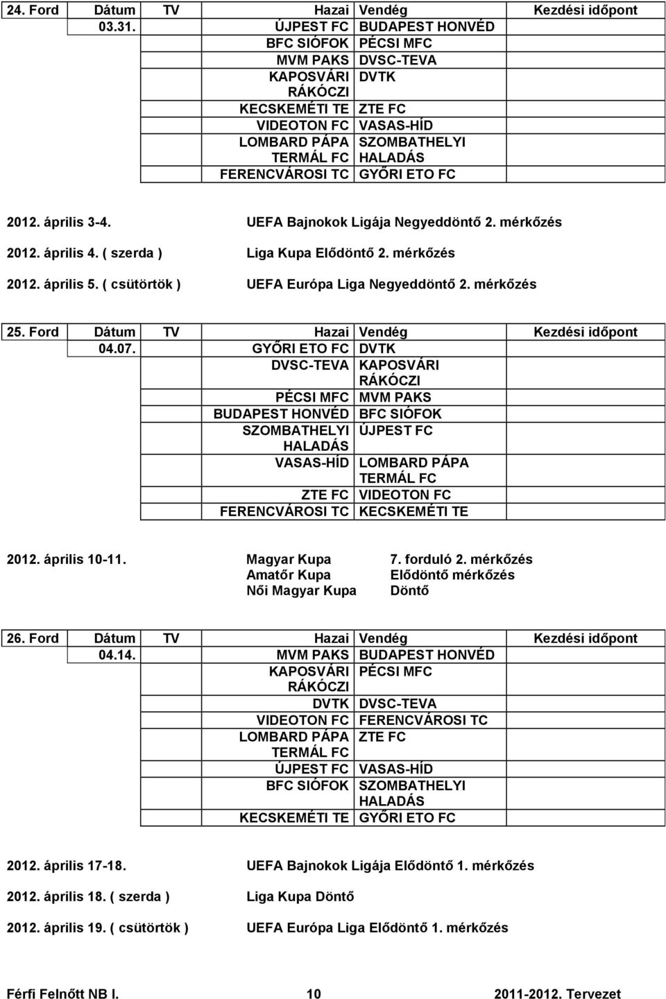 UEFA Bajnokok Ligája Negyeddöntő 2. mérkőzés 2012. április 4. ( szerda ) Liga Kupa Elődöntő 2. mérkőzés 2012. április 5. ( csütörtök ) UEFA Európa Liga Negyeddöntő 2. mérkőzés 25.