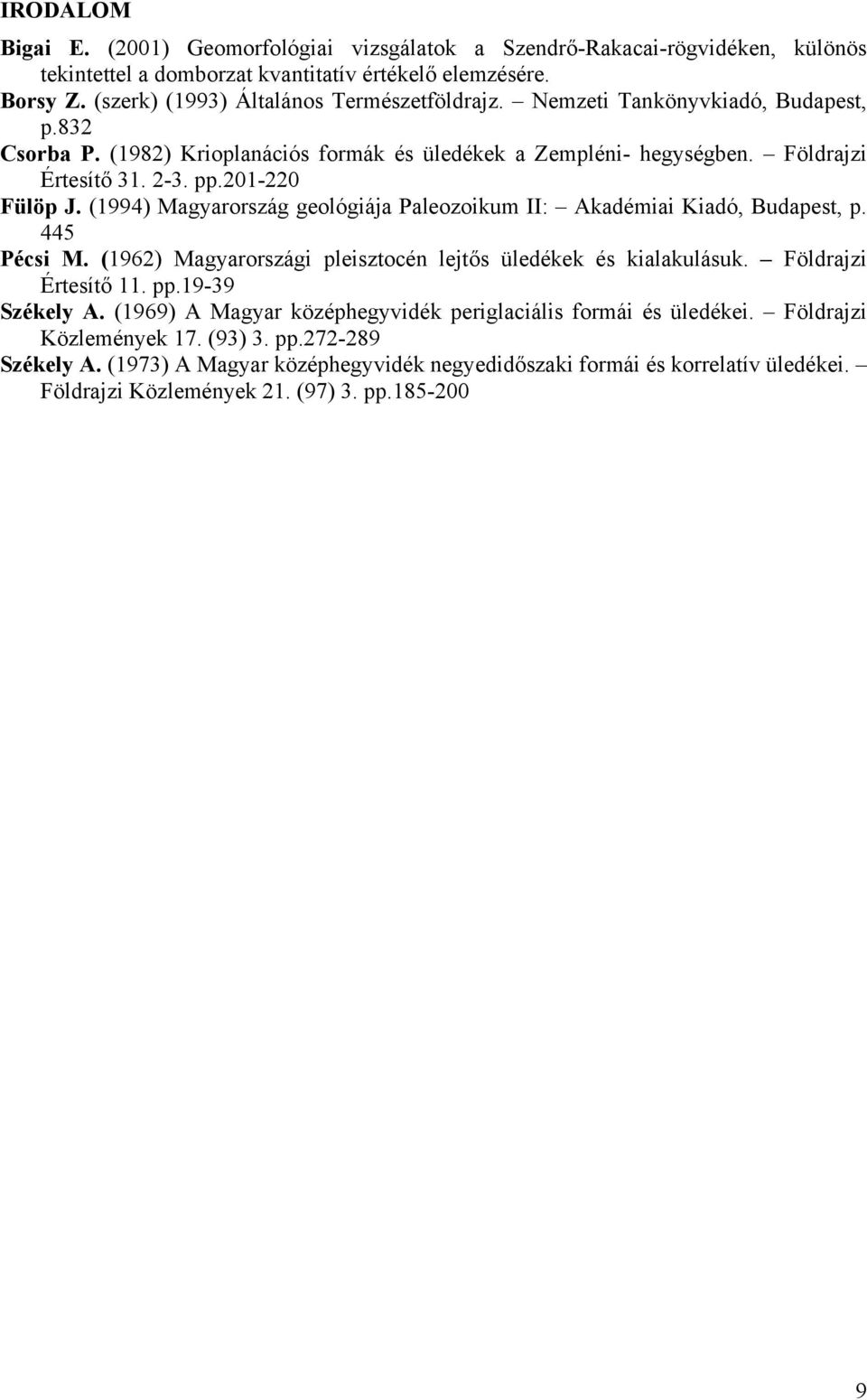 (1994) Magyarország geológiája Paleozoikum II: Akadémiai Kiadó, Budapest, p. 445 Pécsi M. (1962) Magyarországi pleisztocén lejtős üledékek és kialakulásuk. Földrajzi Értesítő 11. pp.19-39 Székely A.
