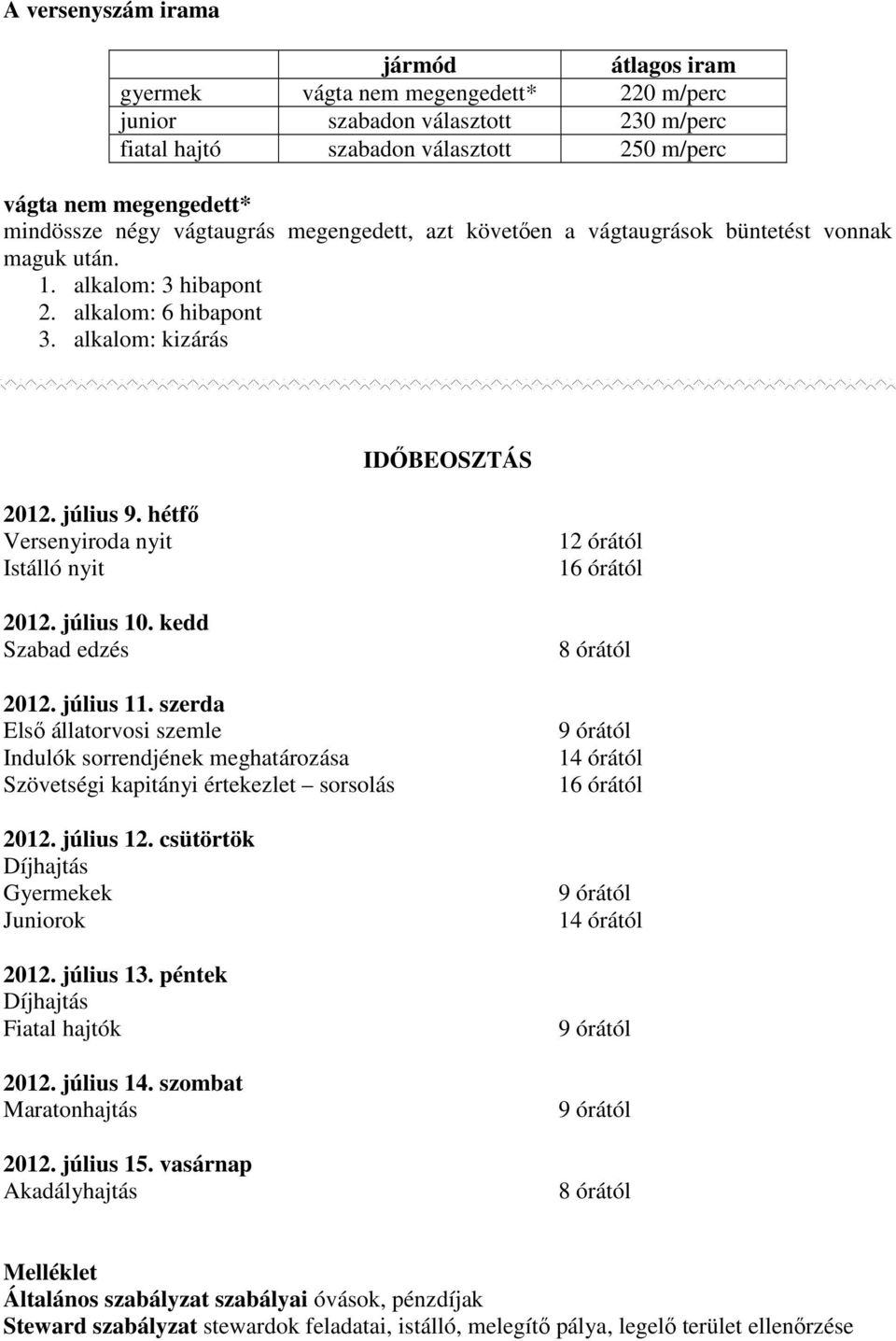 hétfő Versenyiroda nyit Istálló nyit 2012. július 10. kedd Szabad edzés 2012. július 11.