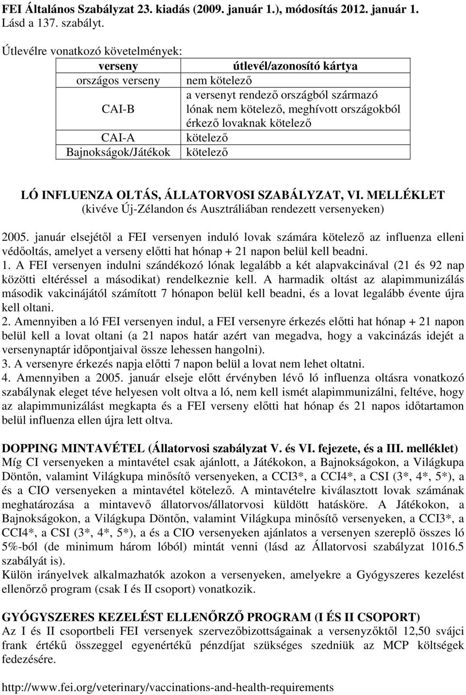 kötelező CAI-A kötelező Bajnokságok/Játékok kötelező LÓ INFLUENZA OLTÁS, ÁLLATORVOSI SZABÁLYZAT, VI. MELLÉKLET (kivéve Új-Zélandon és Ausztráliában rendezett versenyeken) 2005.