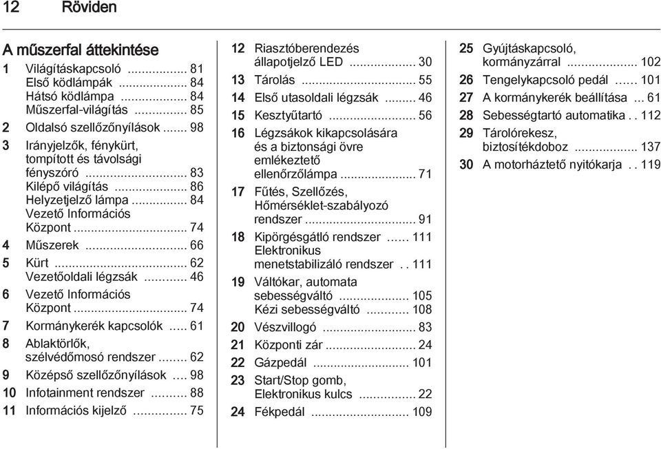 .. 46 6 Vezető Információs Központ... 74 7 Kormánykerék kapcsolók... 61 8 Ablaktörlők, szélvédőmosó rendszer... 62 9 Középső szellőzőnyílások... 98 10 Infotainment rendszer... 88 11 Információs kijelző.