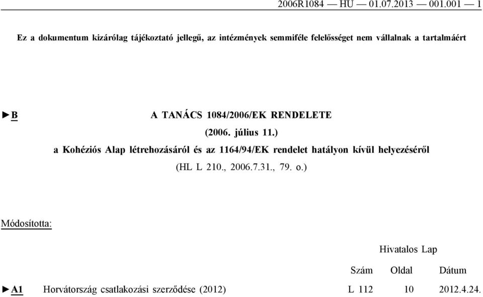 tartalmáért B A TANÁCS 1084/2006/EK RENDELETE (2006. július 11.