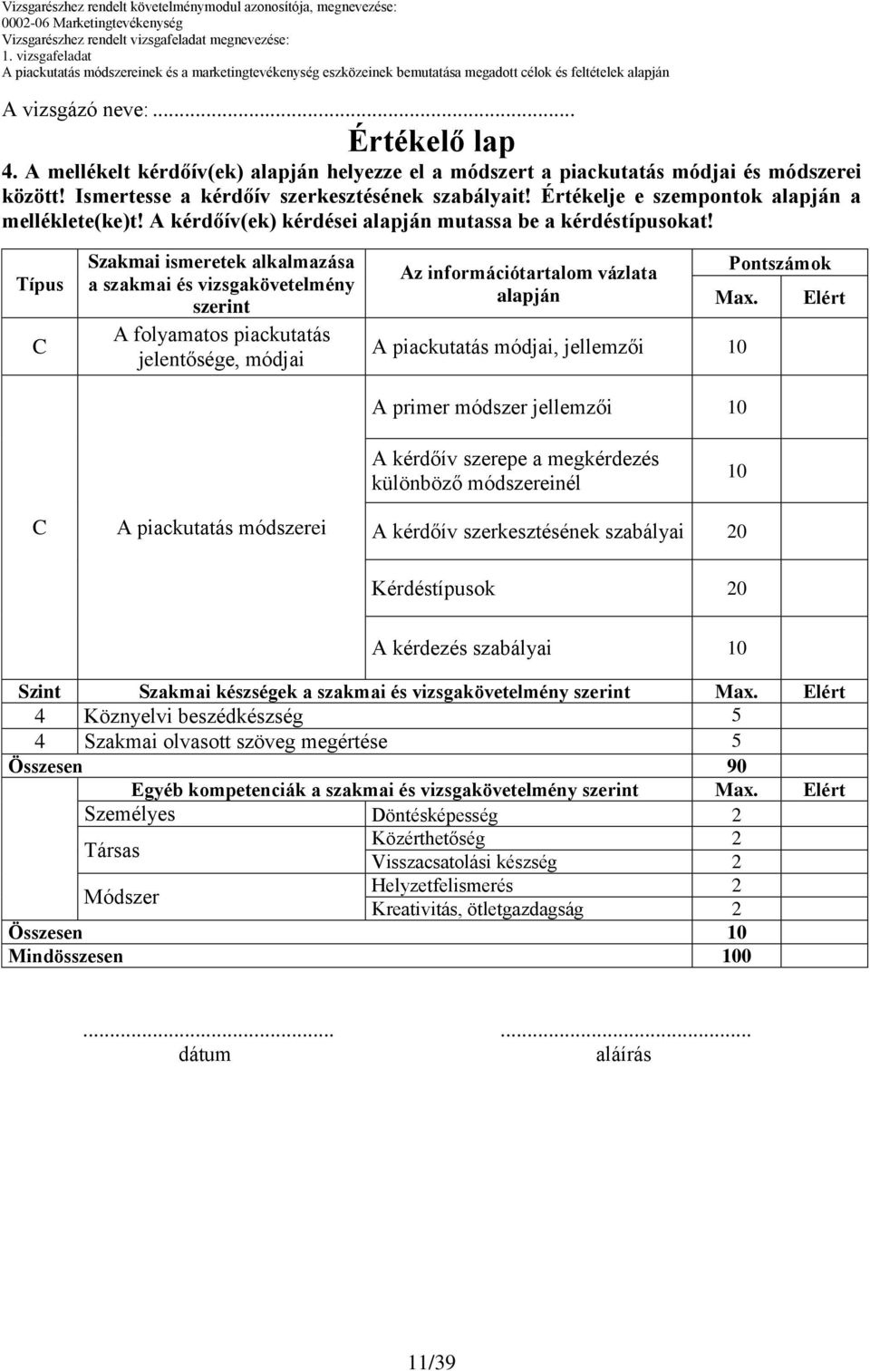 Típus C Szakmai ismeretek alkalmazása a szakmai és vizsgakövetelmény szerint A folyamatos piackutatás jelentősége, módjai Az információtartalom vázlata Pontszámok Max.