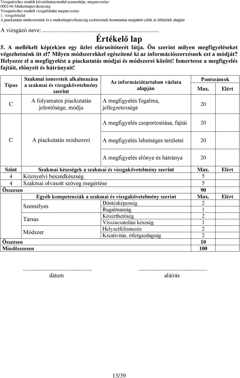 Típus Szakmai ismeretek alkalmazása a szakmai és vizsgakövetelmény szerint Az információtartalom vázlata Pontszámok Max.