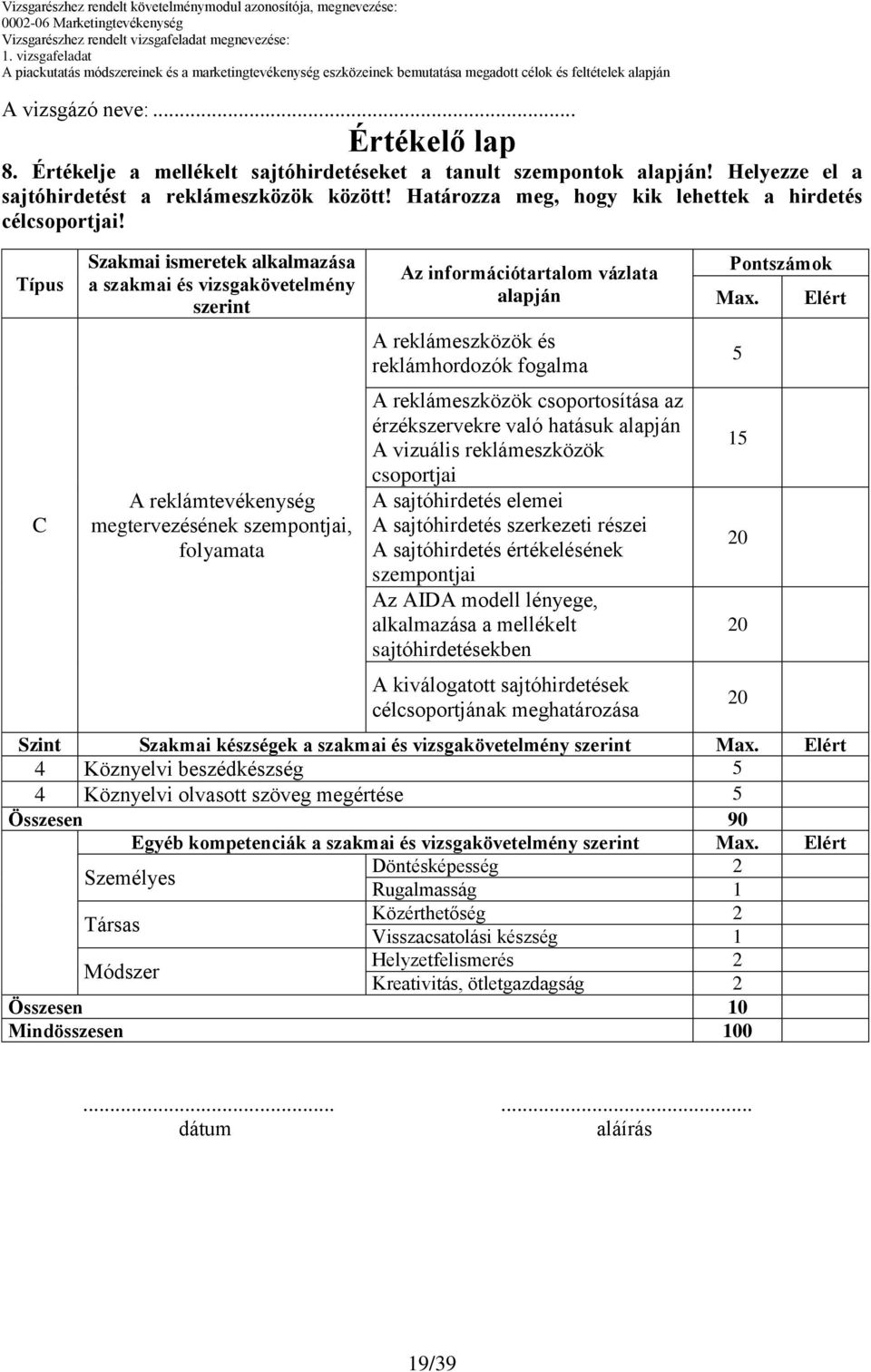 Típus C Szakmai ismeretek alkalmazása a szakmai és vizsgakövetelmény szerint A reklámtevékenység megtervezésének szempontjai, folyamata Az információtartalom vázlata A reklámeszközök és