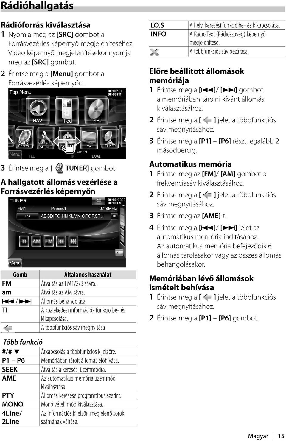 A hallgatott állomás vezérlése a Forrásvezérlés képernyőn Gomb Általános használat FM Átváltás az FM1/2/3 sávra. am Átváltás az AM sávra. 4 / Állomás behangolása.