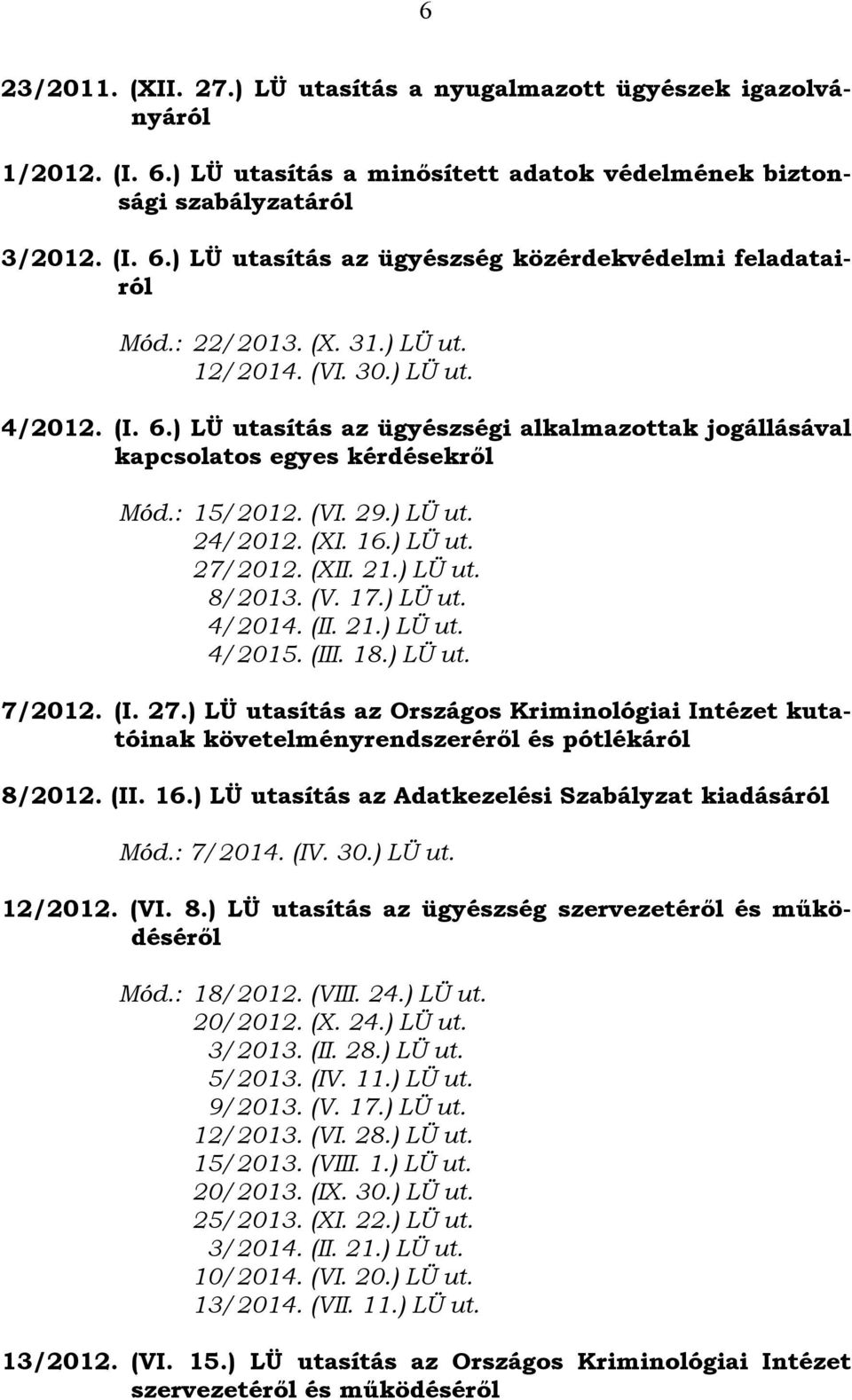 (XII. 21.) LÜ ut. 8/2013. (V. 17.) LÜ ut. 4/2014. (II. 21.) LÜ ut. 4/2015. (III. 18.) LÜ ut. 7/2012. (I. 27.