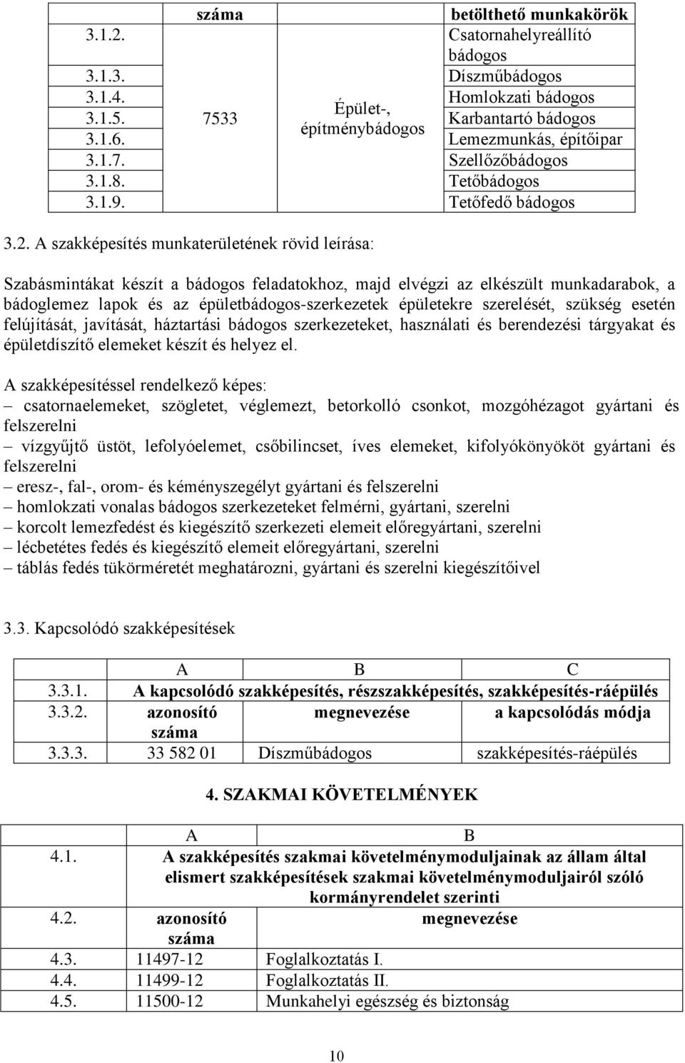 A szakképesítés munkaterületének rövid leírása: Szabásmintákat készít a bádogos feladatokhoz, majd elvégzi az elkészült munkadarabok, a bádoglemez lapok és az épületbádogos-szerkezetek épületekre