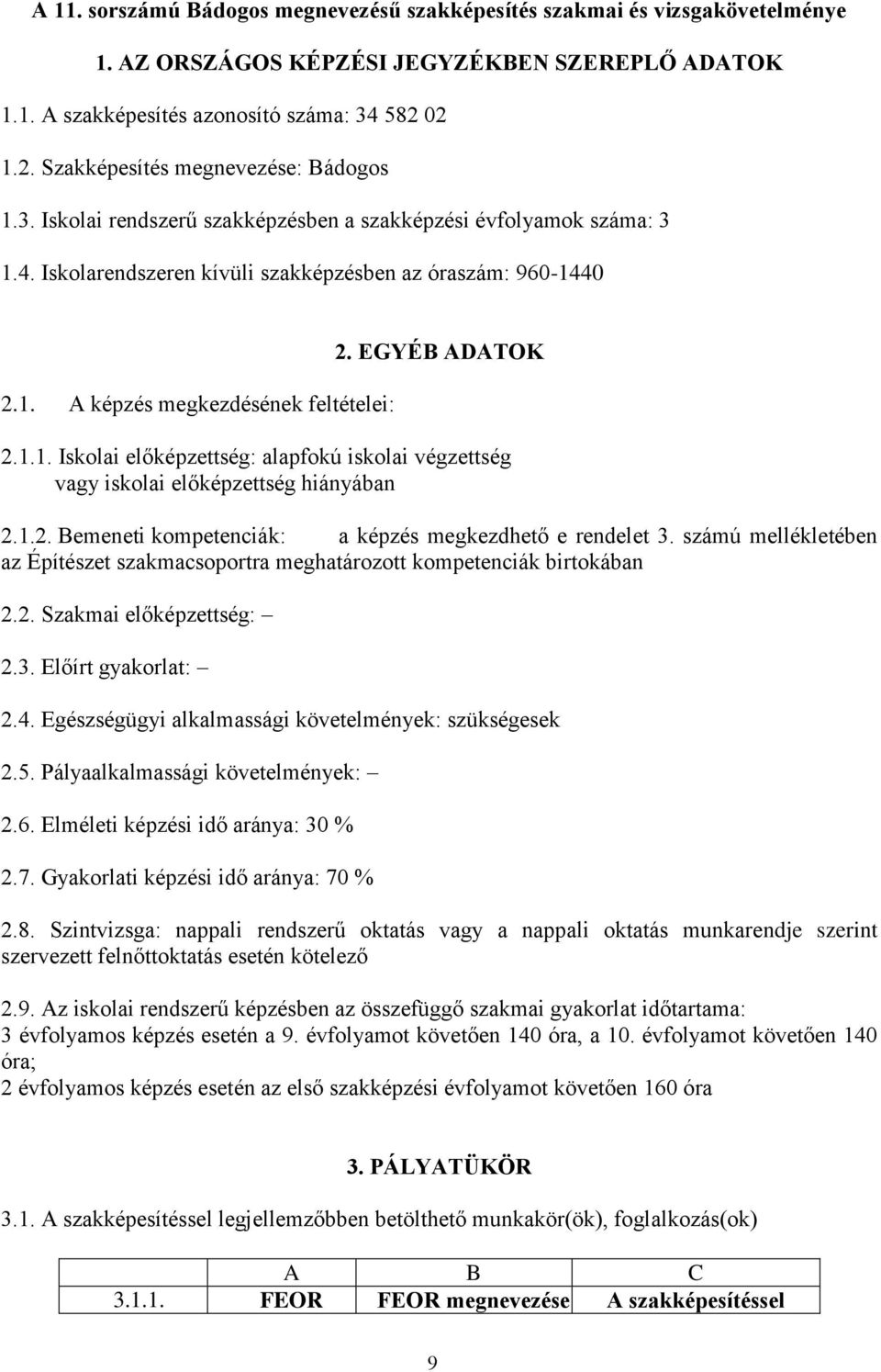 EGYÉB ADATOK 2.1.1. Iskolai előképzettség: alapfokú iskolai végzettség vagy iskolai előképzettség hiányában 2.1.2. Bemeneti kompetenciák: a képzés megkezdhető e rendelet 3.