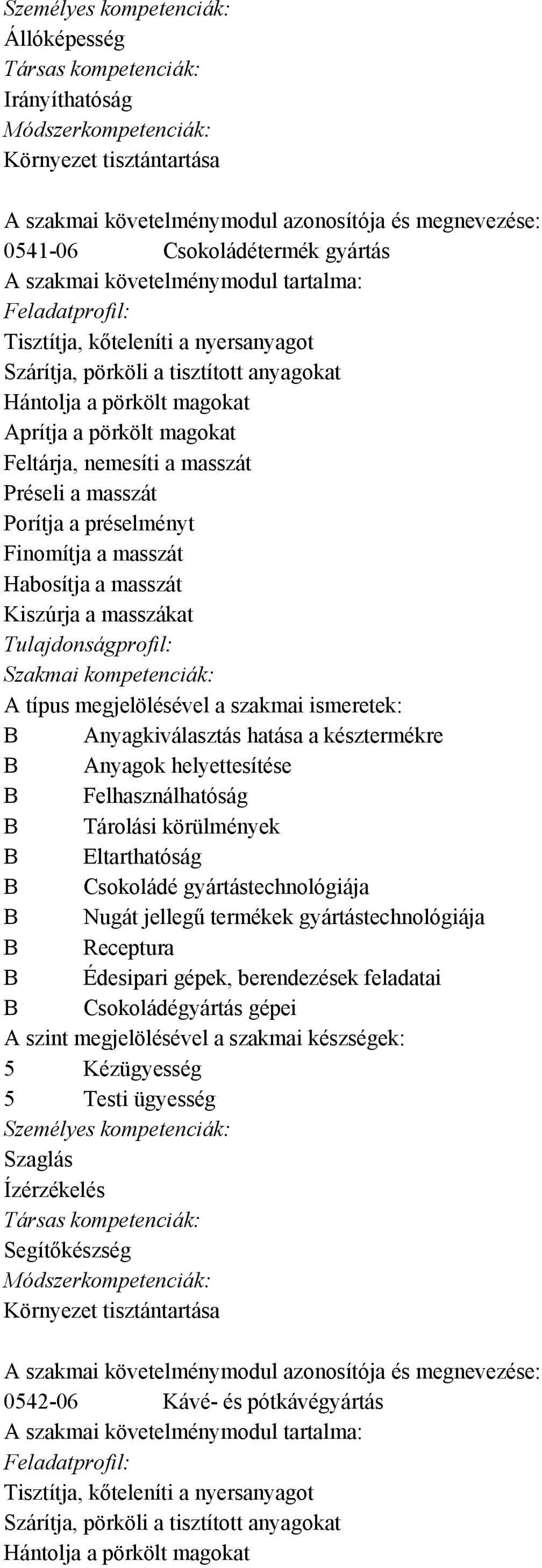 helyettesítése B Felhasználhatóság B Tárolási körülmények B Eltarthatóság B Csokoládé gyártástechnológiája B Nugát jellegű termékek gyártástechnológiája B Receptura B Édesipari gépek, berendezések