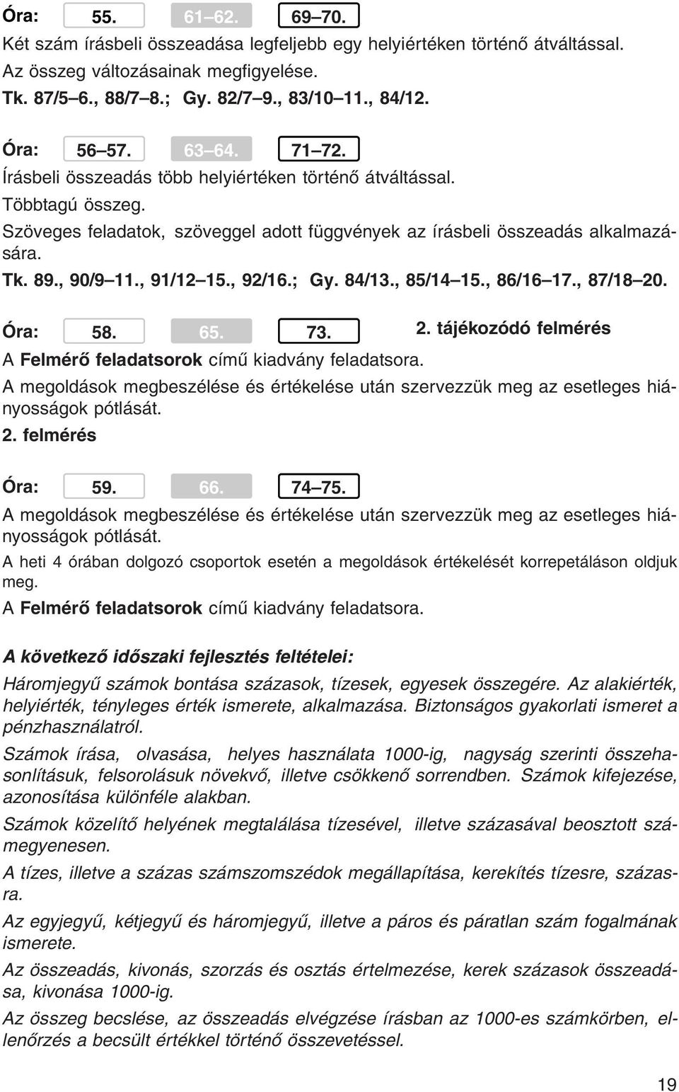 , 90/9 11., 91/12 15., 92/16.; Gy. 84/13., 85/14 15., 86/16 17., 87/18 20. Óra: 58. 65. 73. 2. tájékozódó felmérés A Felmérő feladatsorok című kiadvány feladatsora.
