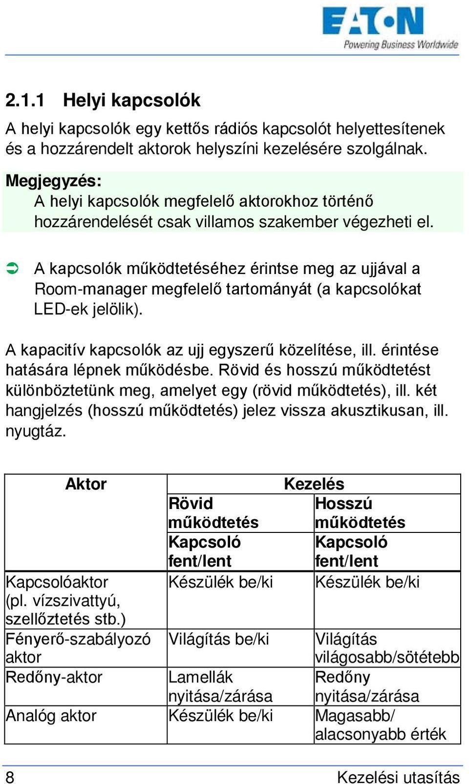 A kapcsolók működtetéséhez érintse meg az ujjával a Room-manager megfelelő tartományát (a kapcsolókat LED-ek jelölik). A kapacitív kapcsolók az ujj egyszerű közelítése, ill.