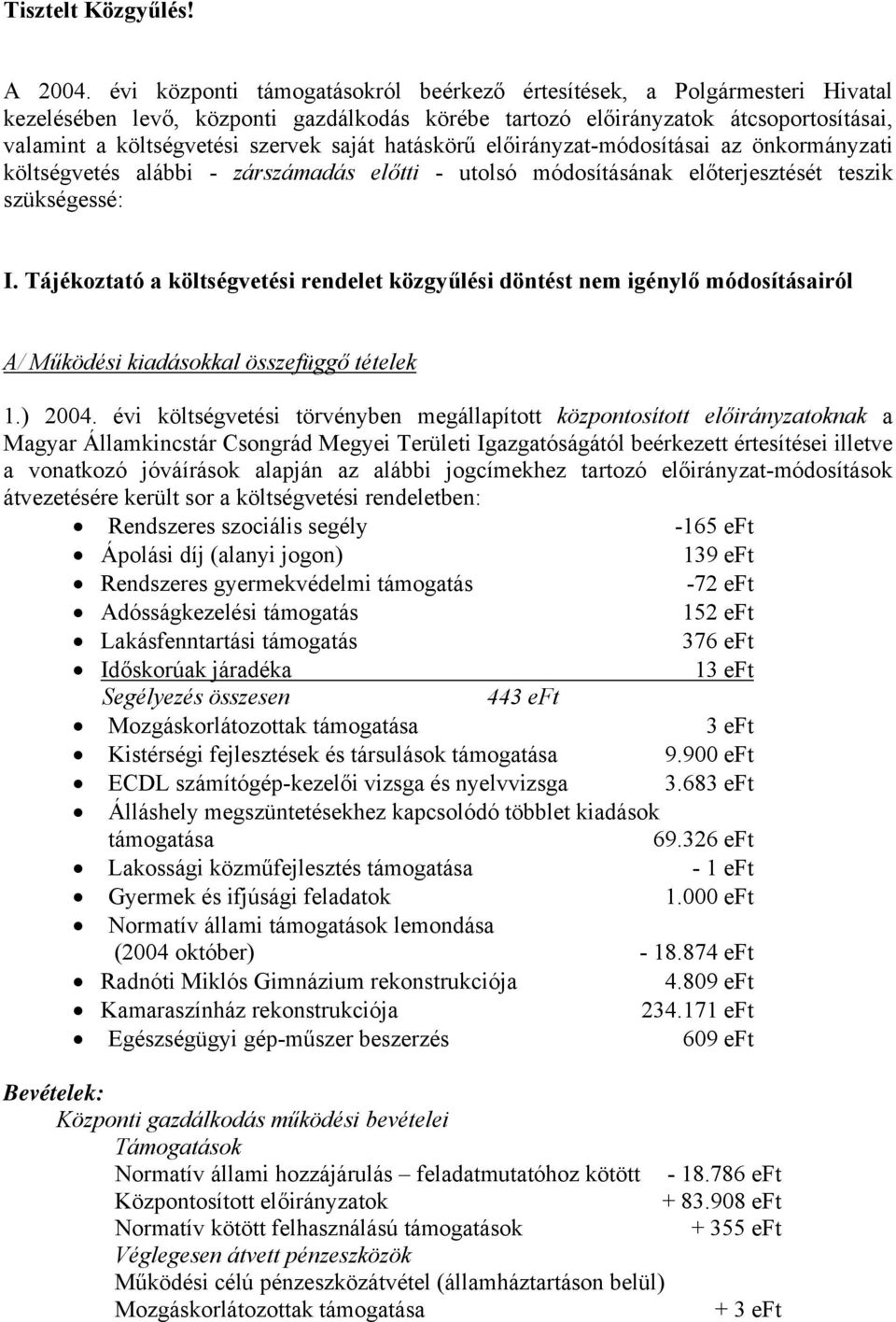 hatáskörű előirányzat-módosításai az önkormányzati költségvetés alábbi - zárszámadás előtti - utolsó módosításának előterjesztését teszik szükségessé: I.