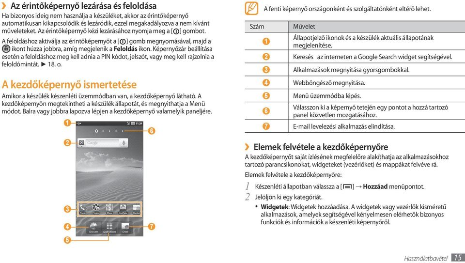 Képernyőzár beállítása esetén a feloldáshoz meg kell adnia a PIN kódot, jelszót, vagy meg kell rajzolnia a feloldómintát. 18. o.