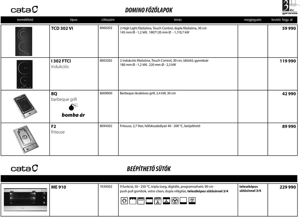 lávaköves grill, 2,4 kw, 30 cm 42 990 8094302 Friteuse, 2,7 liter, hőfokszabályzó 40-200 C, beépíthető 89 990 BEÉPÍTHETŐ SÜTŐK ME 910 7039302 9 funkció,