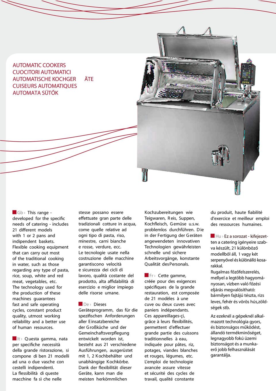 Flexible cooking equipment that can carry out most of the traditional cooking in water, such as those regarding any type of pasta, rice, soup, white and red meat, vegetables, etc.