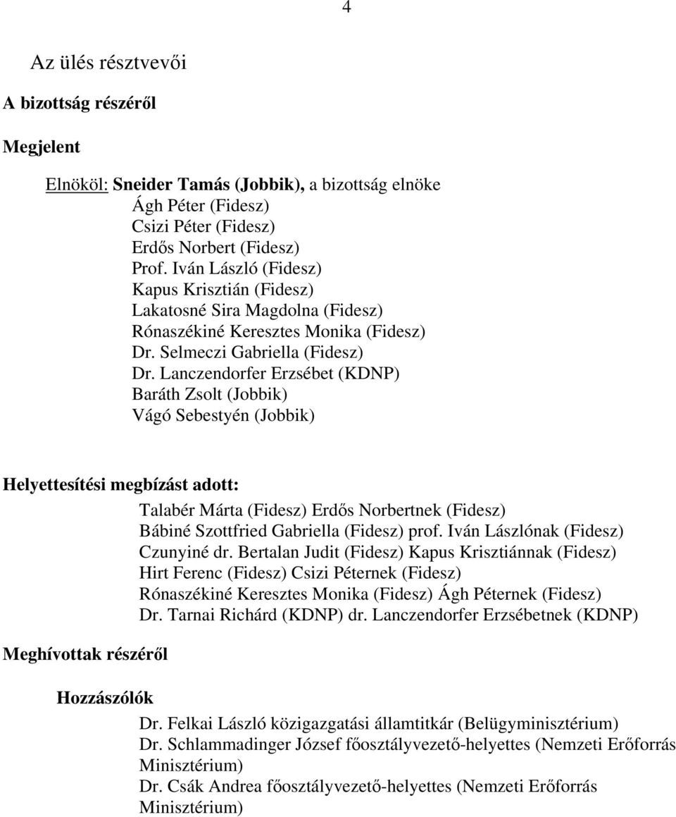 Lanczendorfer Erzsébet (KDNP) Baráth Zsolt (Jobbik) Vágó Sebestyén (Jobbik) Helyettesítési megbízást adott: Talabér Márta (Fidesz) Erdős Norbertnek (Fidesz) Bábiné Szottfried Gabriella (Fidesz) prof.