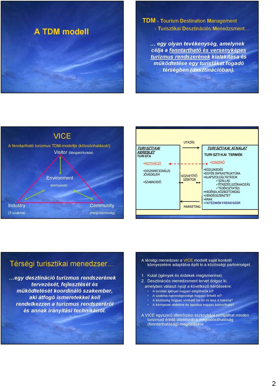 ) Visitor (látogató/turista) TURISZTIKAI KERESLET TURISTA UTAZÁS TURISZTIKAI KÍNÁLAT TURISZTIKAI TERMÉK MOTIVÁCIÓ VONZERŐ Industry Environment (környezet) Community DISZKRECIONÁLIS JÖVEDELEM