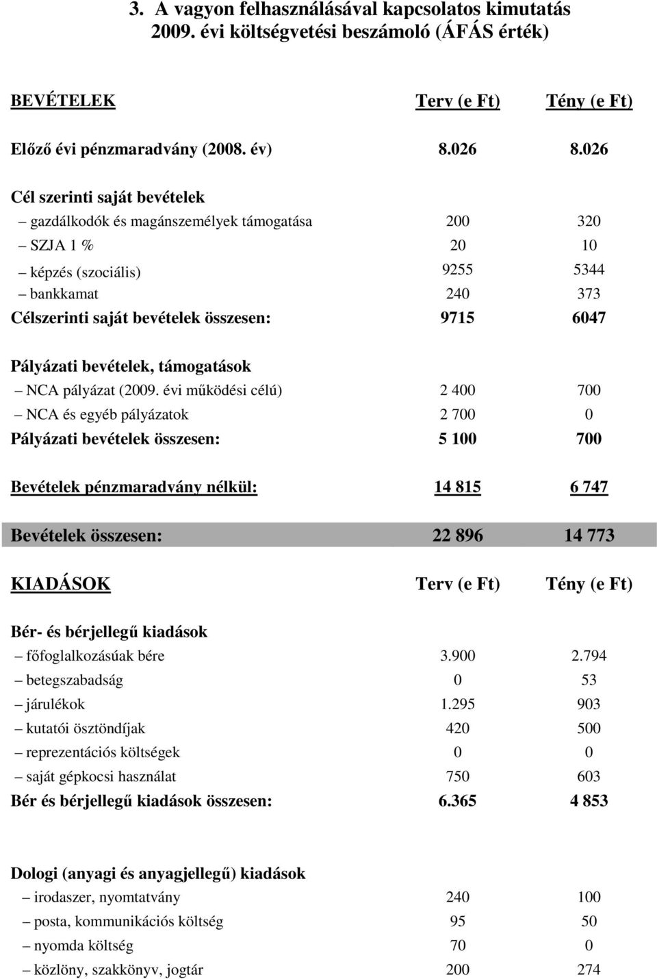 6047 Pályázati bevételek, támogatások NCA pályázat (2009.